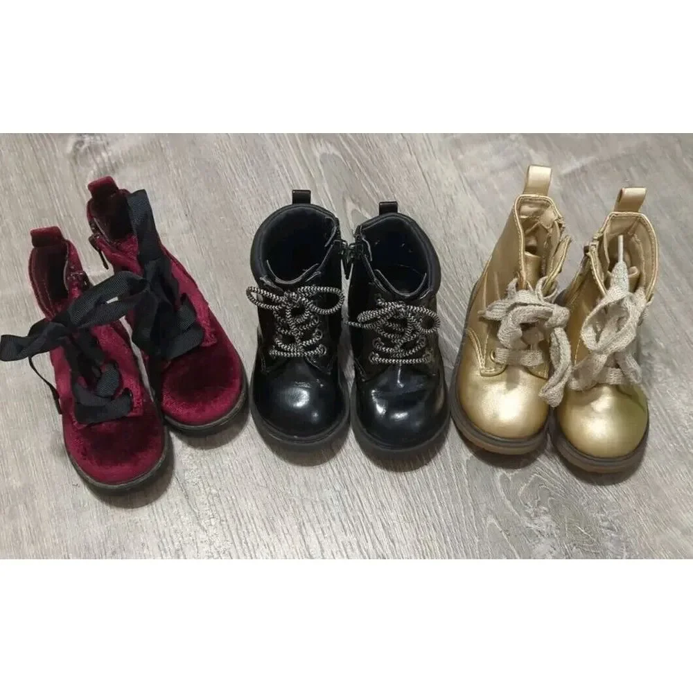 3 Pair Of Cat And Jack Infant‎ Girls Black, Gold & Maroon Combat Boots Size 5